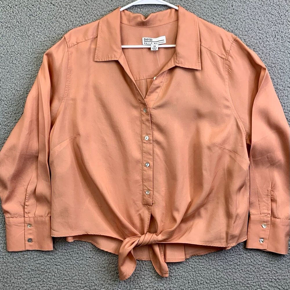 David Meister Light Coral Tencel Tailored Button Up Blouse Women's 2X
